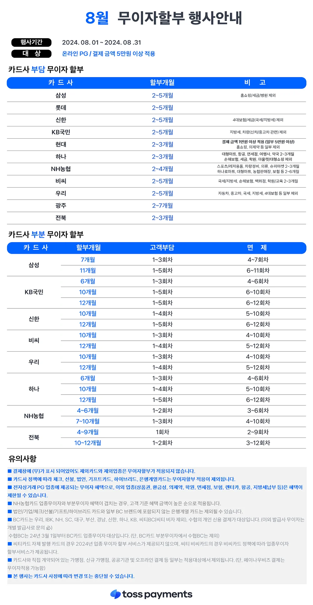 8월 무이자할부 행사 안내