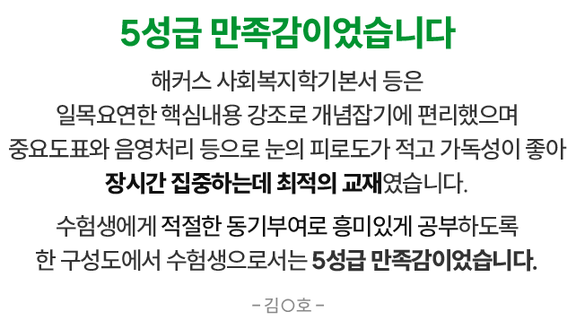 5성급 만족감이었습니다 해커스 사회복지학기본서 등은 일목요연한 핵심내용 강조로 개념잡기에 편리했으며 중요도표와 음영처리 등으로 눈의 피로도가 적고 가독성이 좋아 장시간 집중하는데 최적의 교재였습니다.수험생에게 적절한 동기부여로 흥미있게 공부하도록 한 구성도에서 수험생으로서는 5성급 만족감이었습니다. 김○호